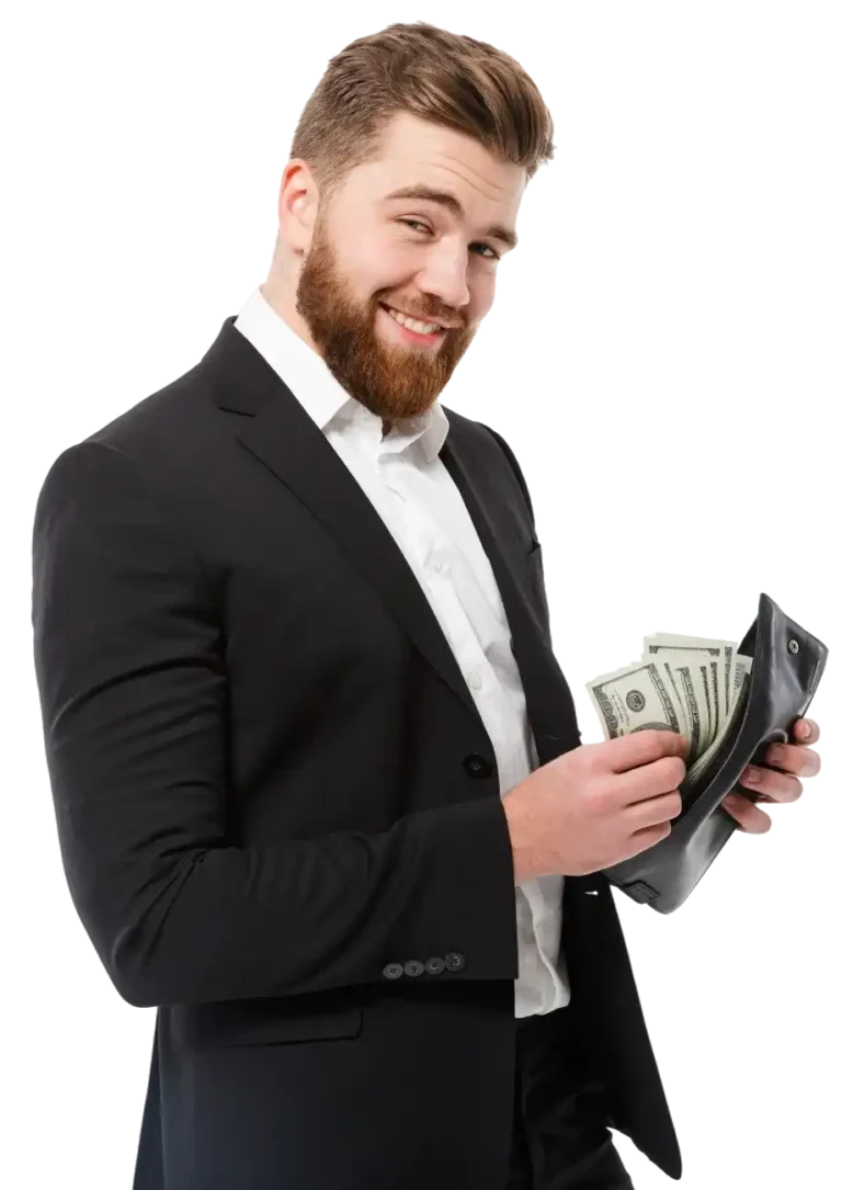 Home | happy bearded business man holding purse with money