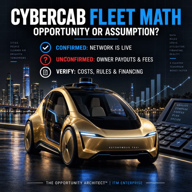 Cybercab fleet math fact-check graphic showing confirmed, unconfirmed, and financing questions