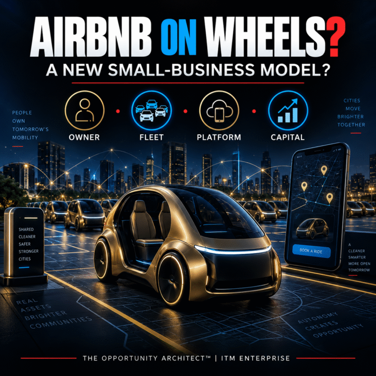 Elon Musk Called Tesla Robotaxis “Airbnb on Wheels.” Could Cybercab Become a New Small-Business Model? 1 Airbnb on wheels business model graphic showing an autonomous fleet, digital platform, owner, and capital